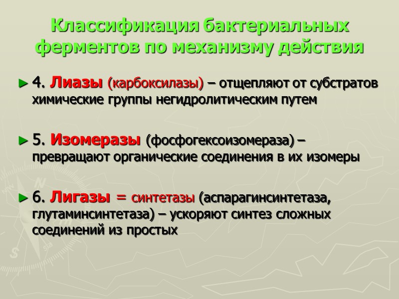 Классификация бактериальных ферментов по механизму действия 4. Лиазы (карбоксилазы) – отщепляют от субстратов химические